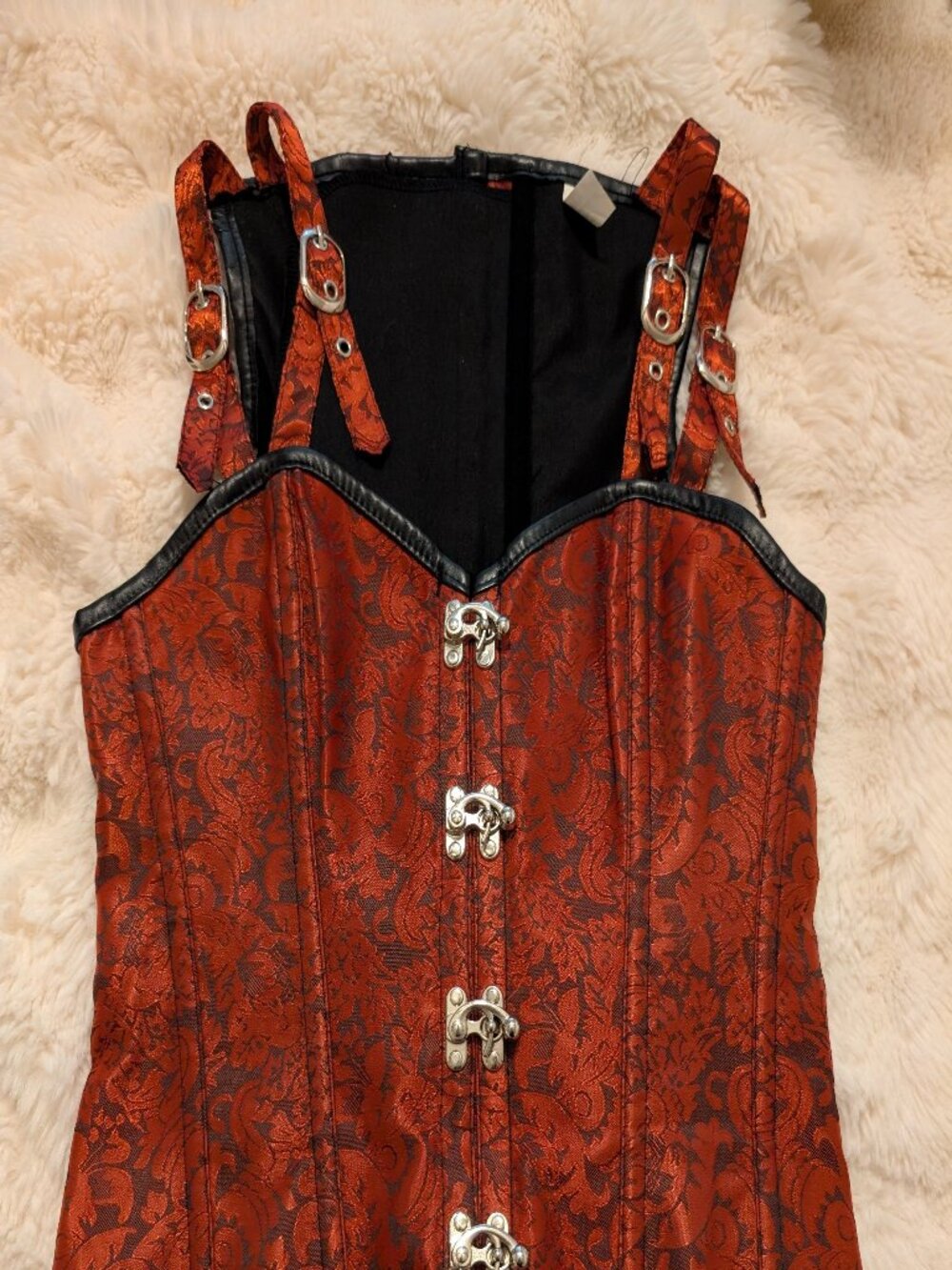 Steampunk Brocade Corset – Adjustable Buckles & Lace-Up Back – Rust Red & Black